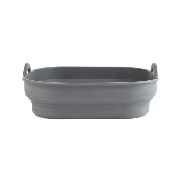 Grey plastic washing up bowl with handles, shown empty on white background