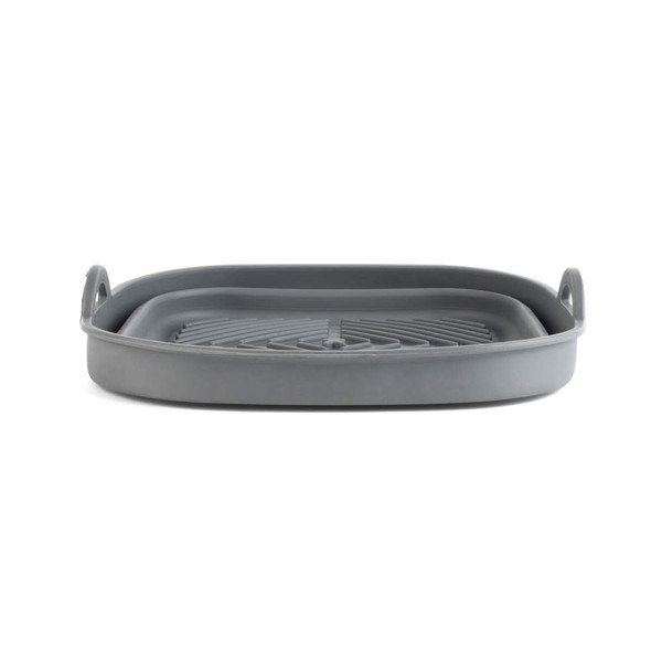 Grey silicone draining tray with raised grid and handles, shown from front.