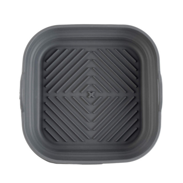 Grey square silicone air fryer basket insert with raised pattern, top view