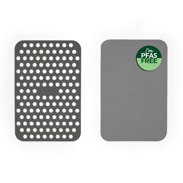 Set of two grey rectangular sink mats, one solid, one with holes, labelled PFAS free
