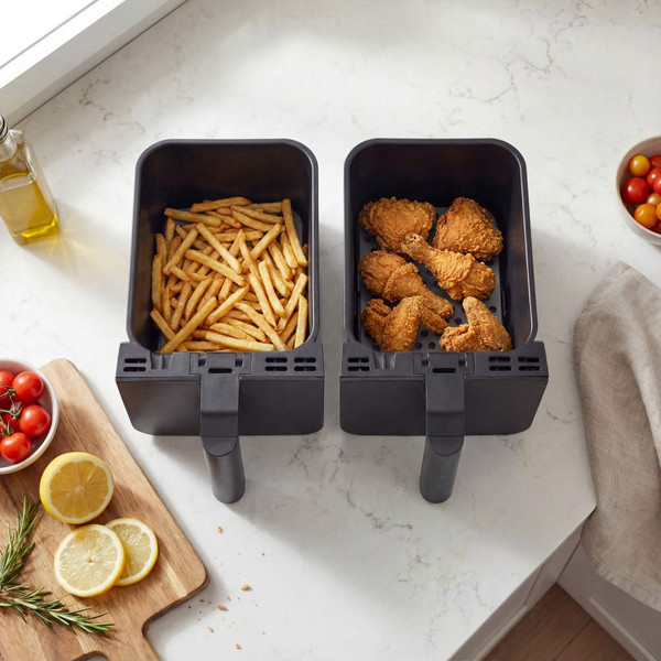 Dual basket air fryer with chips in one basket and fried chicken in the other, shown on kitchen worktop