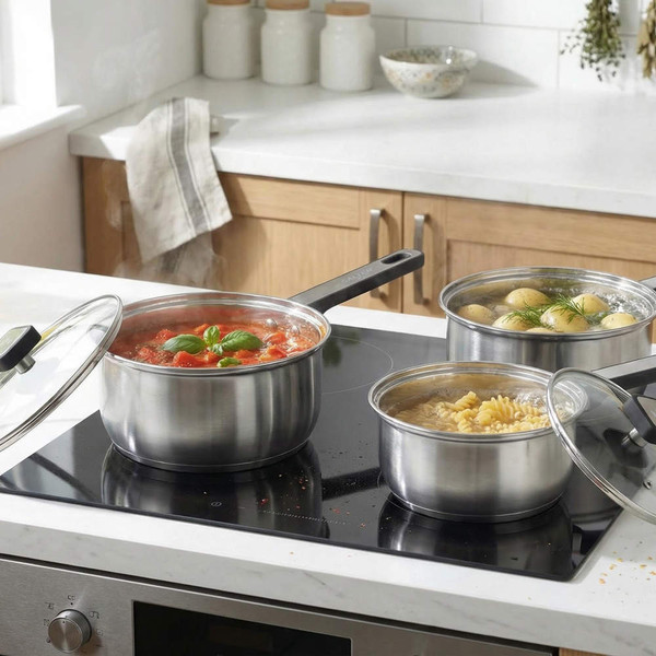 Set of three stainless steel saucepans with lids on a modern induction hob in kitchen.
