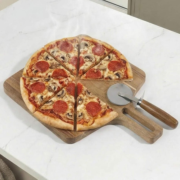 Pepperoni and mushroom pizza sliced on wooden board with pizza cutter
