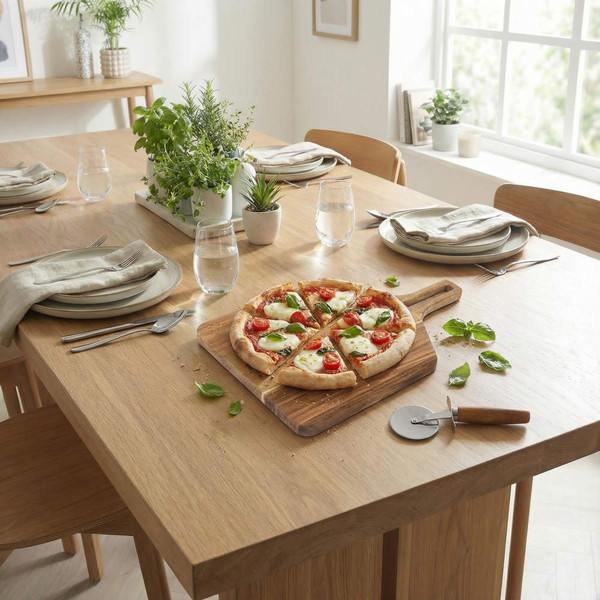 Vegetarian pizza with tomatoes and mozzarella on wooden board, dining table setting
