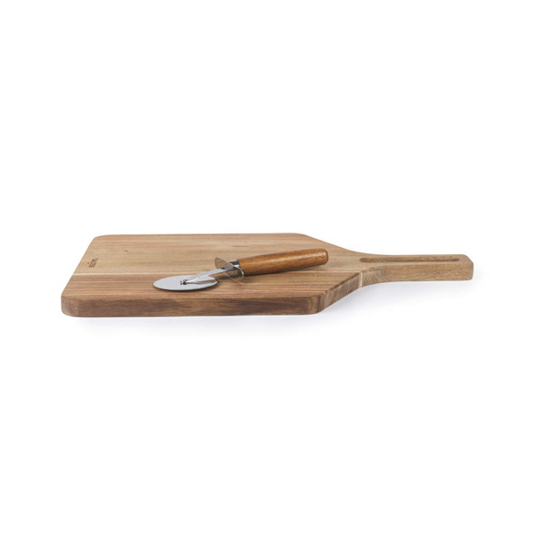 Wooden pizza board with metal pizza cutter, both with brown handles.
