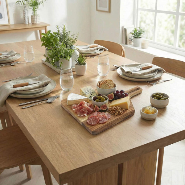 Charcuterie board with cheese, meats, olives and bread on wooden dining table, set for four.
