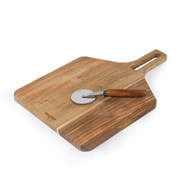 Wooden pizza board with handle, shown with metal and wood pizza cutter on top