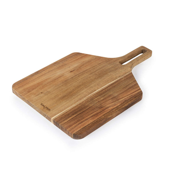 Rectangular wooden chopping board with handle, shown angled on white background