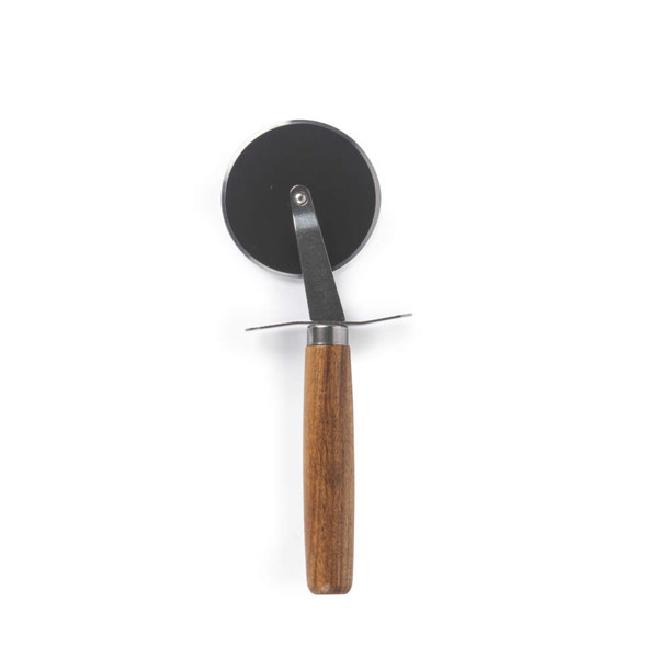 Stainless steel pizza cutter with brown wood handle, product photo on white background