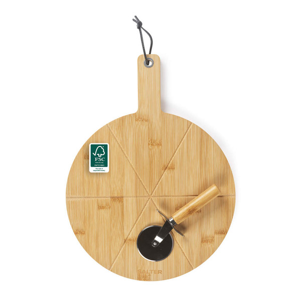 Round bamboo pizza board with handle and pizza cutter, with portion lines