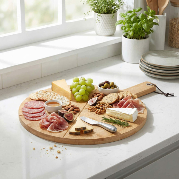 Round bamboo serving board with assorted cheese, cured meats, crackers, nuts and grapes