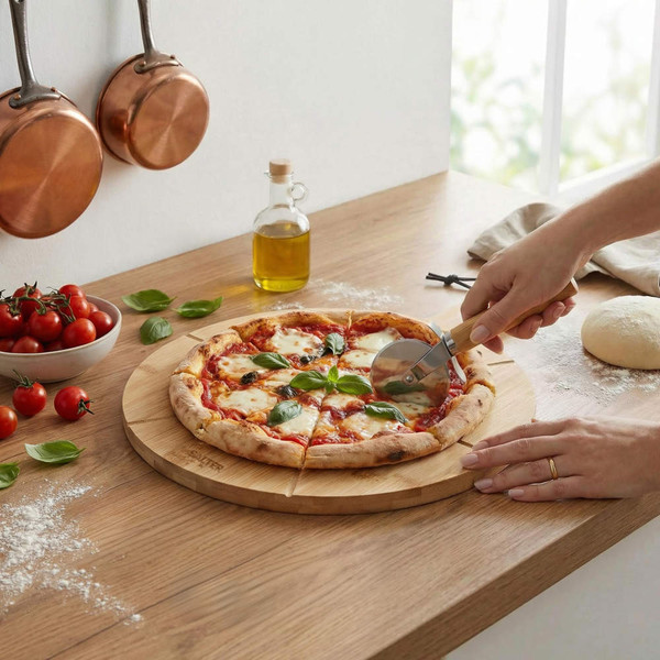 Person cutting margherita pizza with pizza cutter on wooden board in kitchen