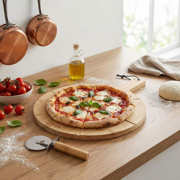 Margherita pizza with basil on a wooden board in a kitchen setting.