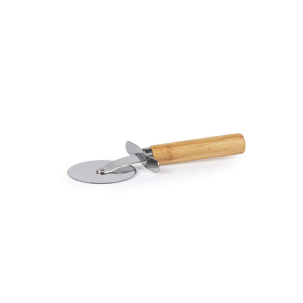 Stainless steel pizza cutter with round blade and bamboo handle, side view