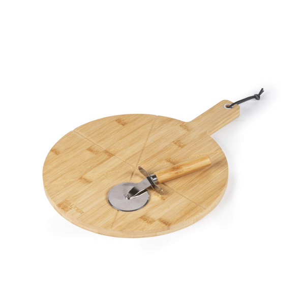 Bamboo pizza board with slice guides and metal pizza cutter on top