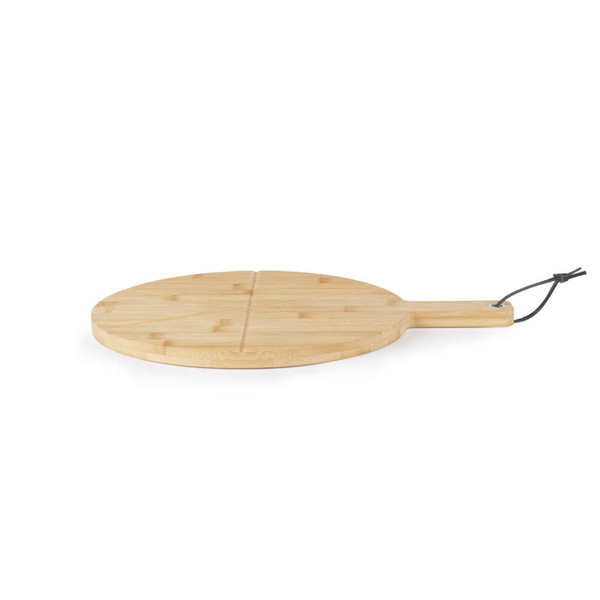 Round bamboo pizza board with grooves and handle, shown with hanging loop.