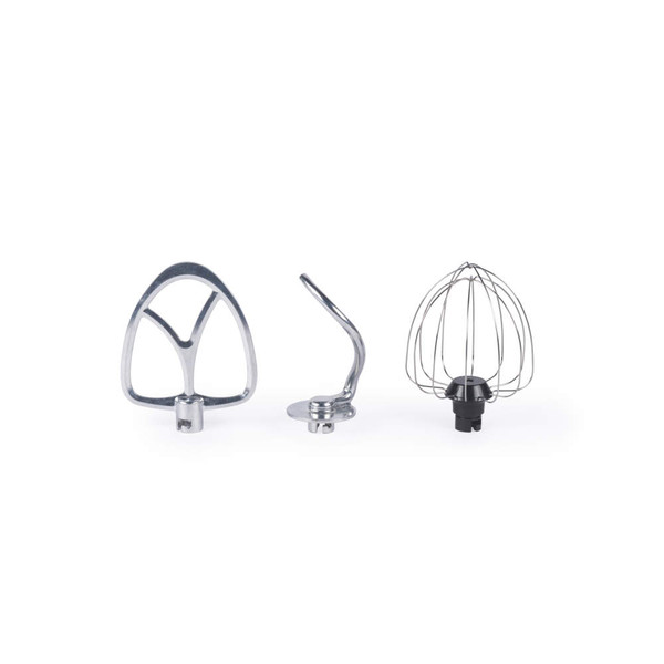Set of three stand mixer attachments: beater, dough hook and whisk, on white background