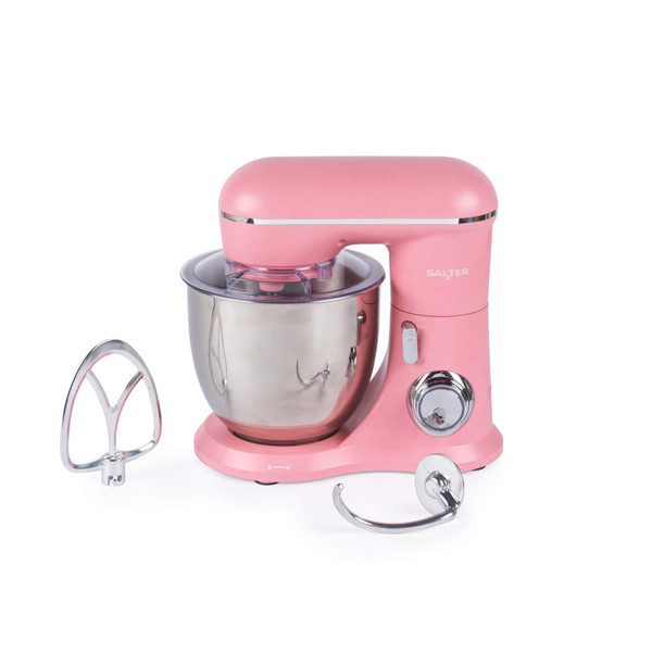 Pink stand mixer with stainless steel bowl and two attachments