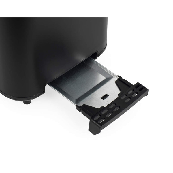 Black kitchen bin with open metal foot pedal drawer, close-up view