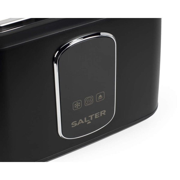 Black Salter toaster, close-up of control panel with defrost, reheat and eject icons