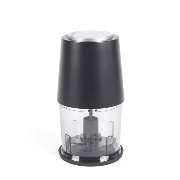 Black electric food chopper with clear bowl, shown upright on white background