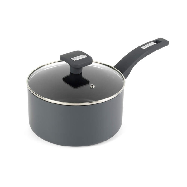 Grey non-stick saucepan with glass lid and Salter logo on handle, shown at angle