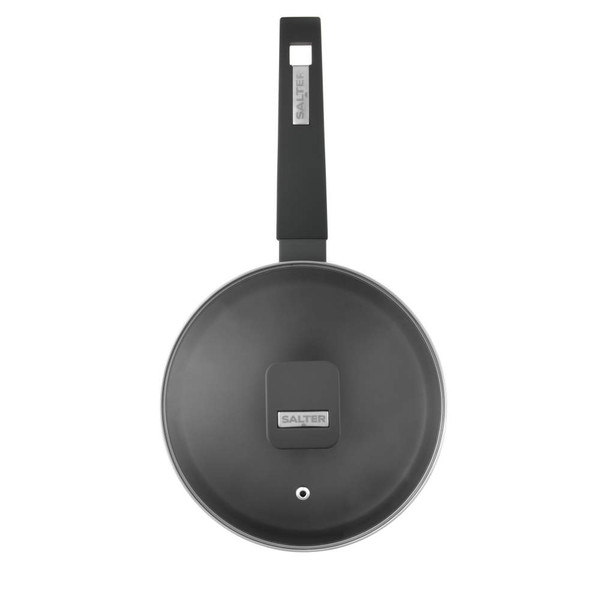 Grey non-stick frying pan with glass lid, top view, featuring Salter logo on handle and lid