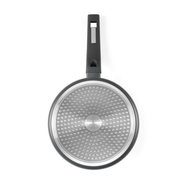 Grey non-stick frying pan, Salter brand, viewed from base showing induction bottom
