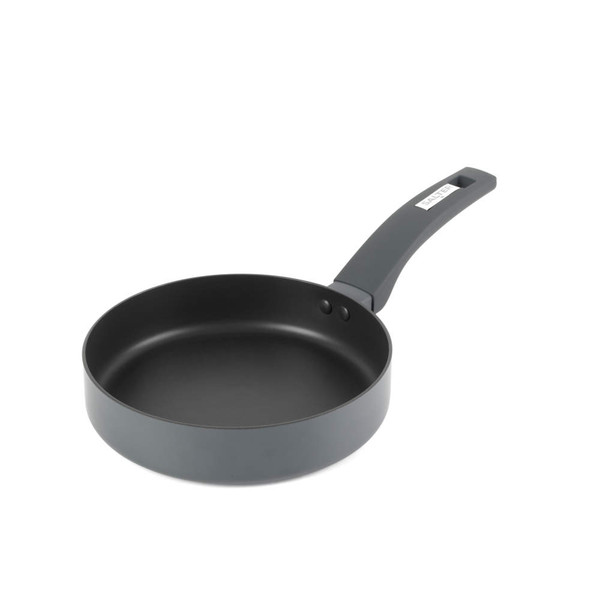 Grey non-stick frying pan with long handle, shown at angle on white background
