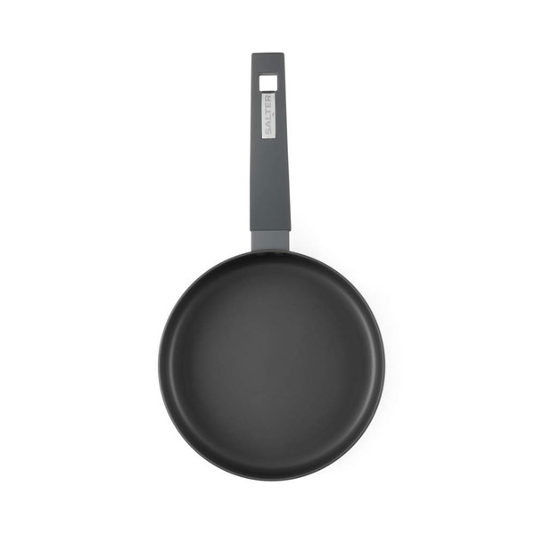 Grey non-stick frying pan with long handle, top-down view