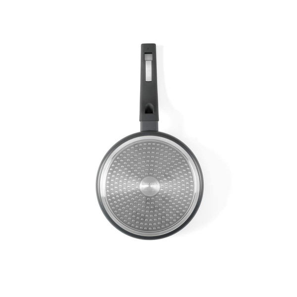 Grey non-stick frying pan, base view showing Salter branding and induction surface.