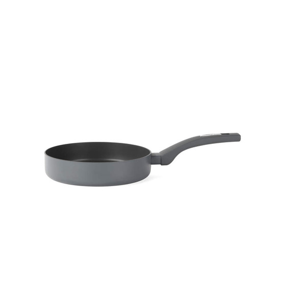 Grey non-stick saucepan with long handle, side view