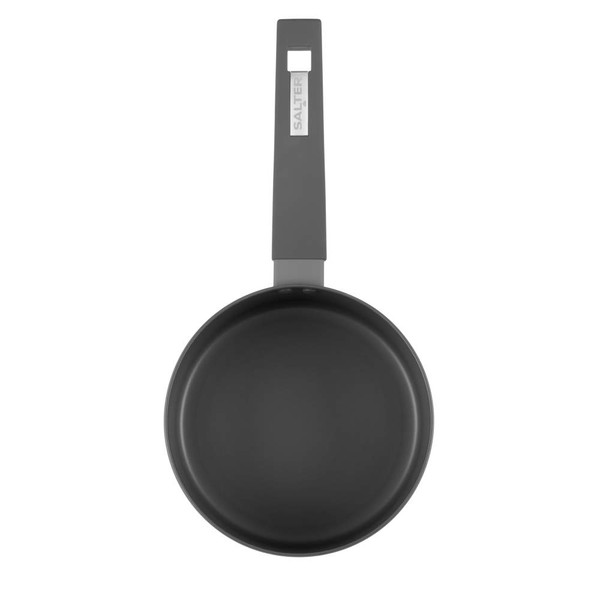 Grey non-stick frying pan, top view, with Salter logo on handle