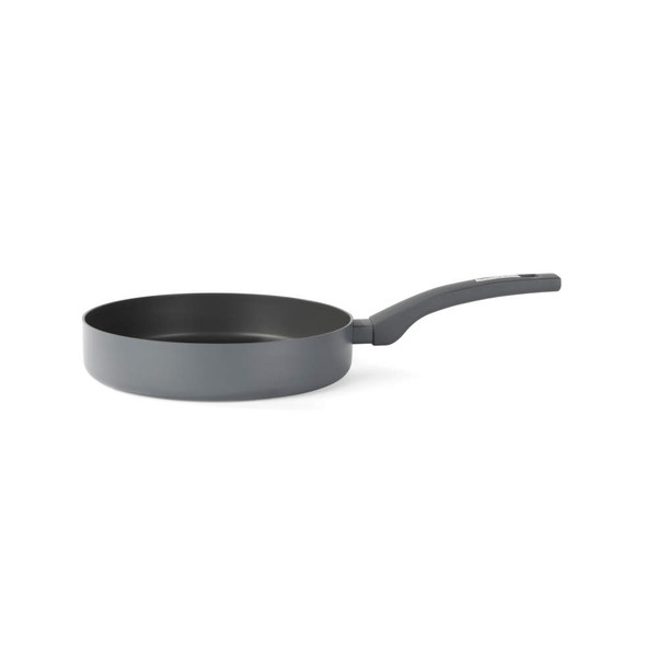 Grey non-stick saucepan with long handle, side view on white background