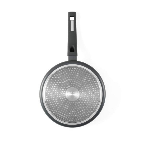 Grey non-stick frying pan showing base with Salter logo