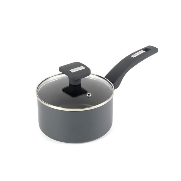 Grey non-stick saucepan with glass lid and Salter logo on handle