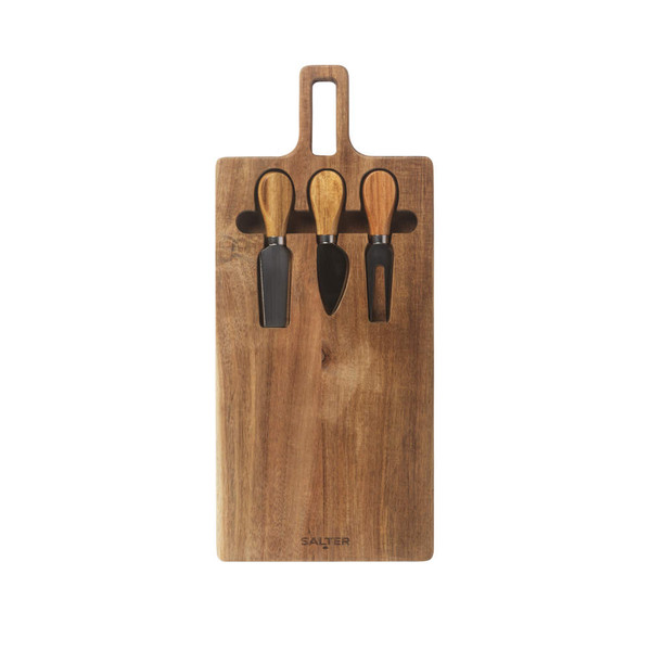 Wooden cheese board with three black cheese knives, shown on white background