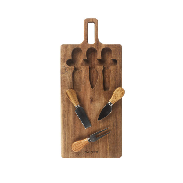 Set of three cheese knives and fork with wooden handles on matching wooden board