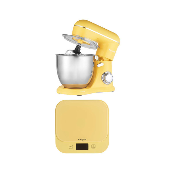 Yellow stand mixer and matching kitchen scale set, side view, for baking.