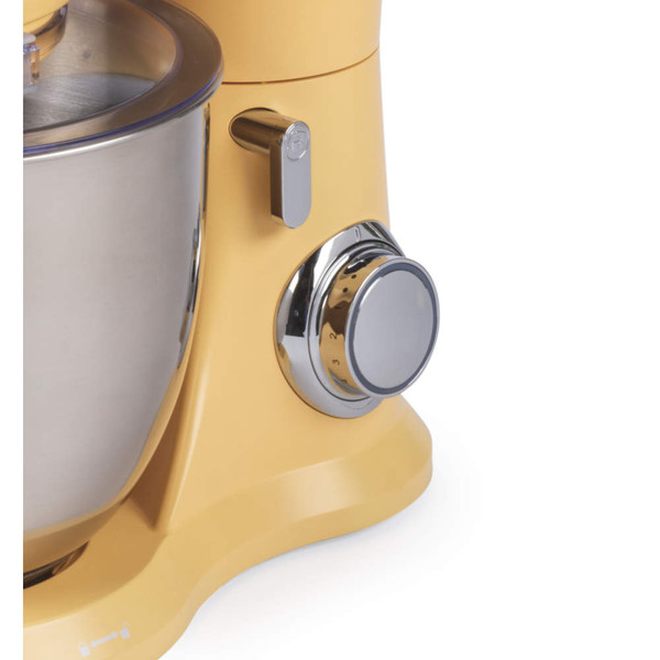 Yellow stand mixer, close-up showing control dial and mixing bowl