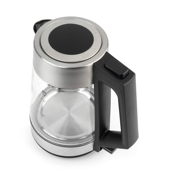 Glass coffee carafe with stainless steel lid and black handle, empty, side view