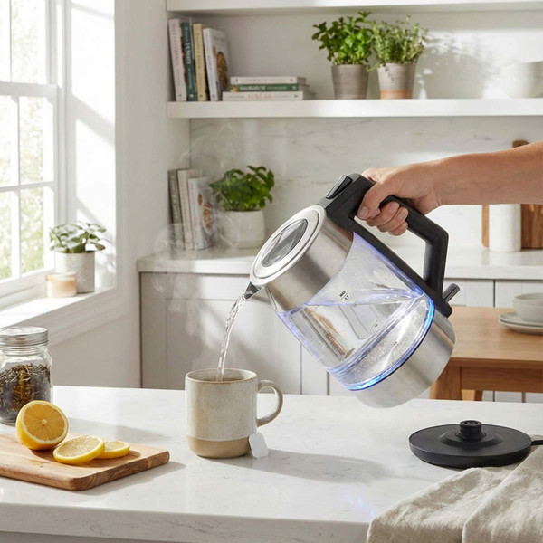 Glass electric kettle pouring hot water into mug in bright kitchen