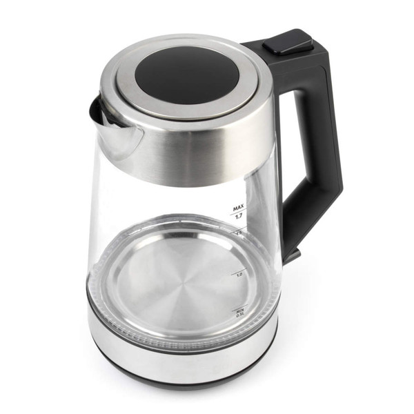 Electric glass kettle with stainless steel lid and black handle, shown from above.