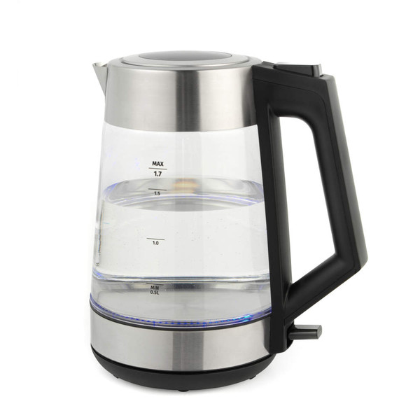 Glass electric kettle with black handle and stainless steel accents, shown filled with water