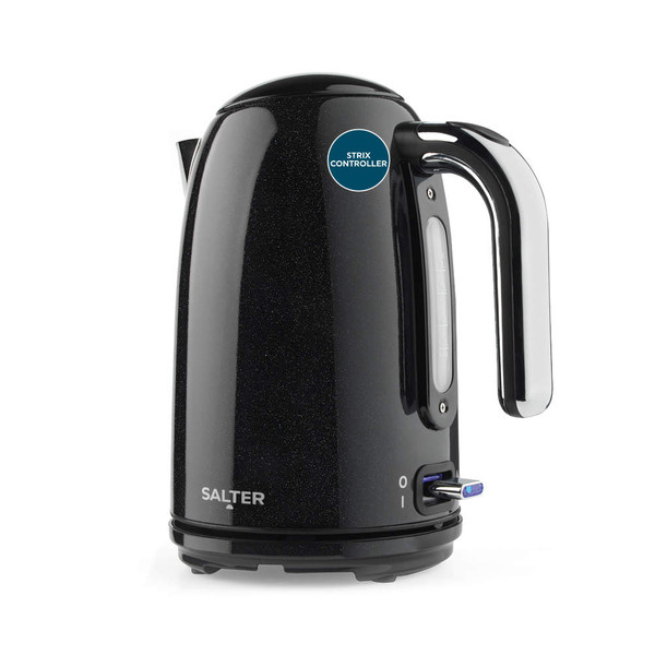 Black electric kettle with water level window, side view