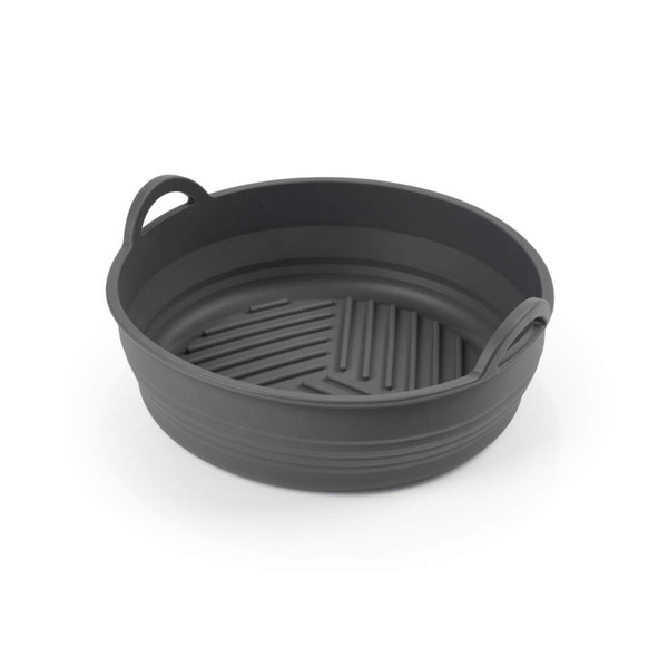 Grey silicone round roasting tray with handles, ribbed base, product image.