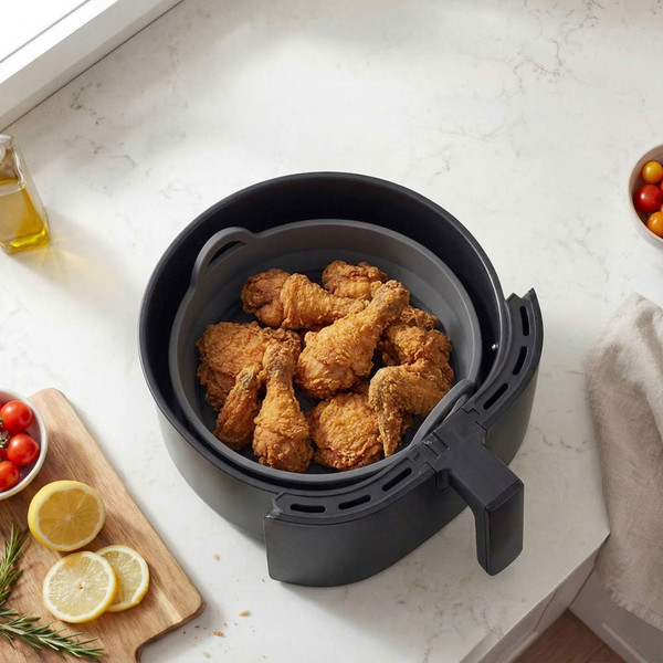 Black air fryer basket with cooked fried chicken drumsticks on kitchen worktop