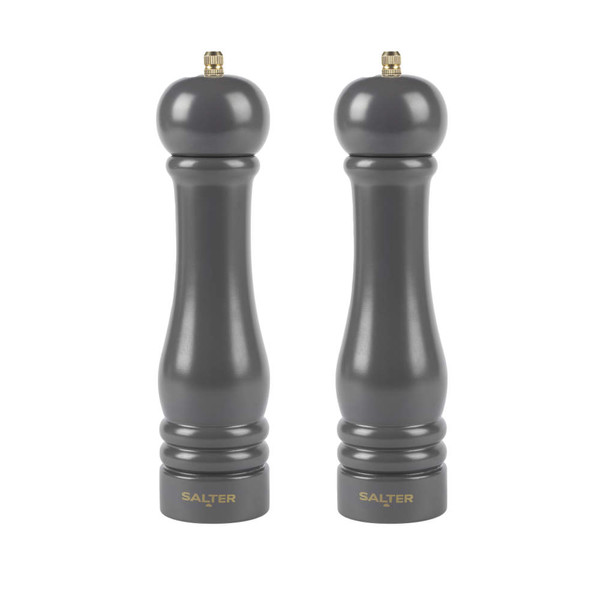 Set of two grey wooden mills with gold tops, suitable for salt and pepper.