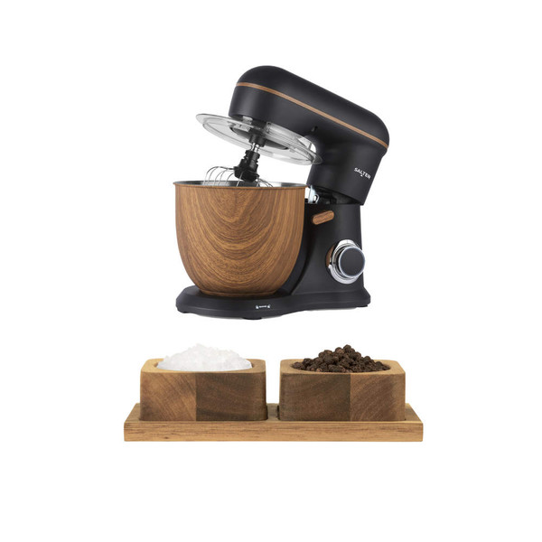 Black and wood-effect stand mixer with matching salt and pepper pots on wooden tray