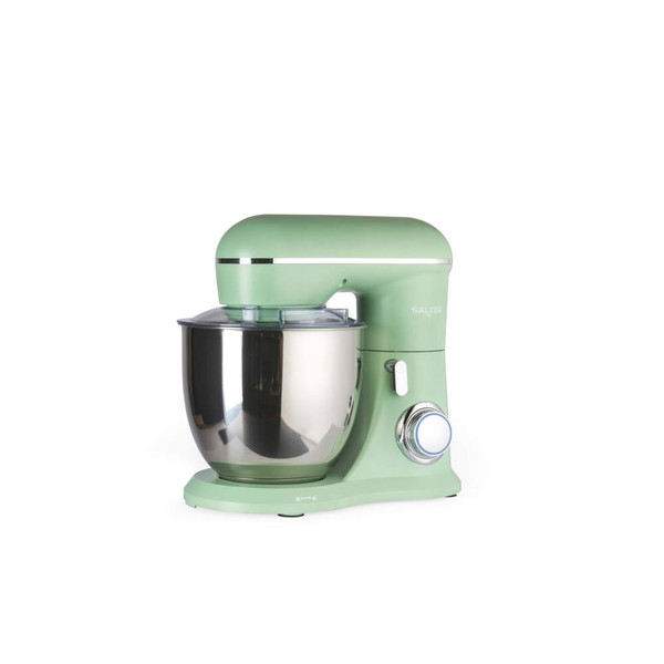 Green Salter stand mixer with stainless steel mixing bowl, side view